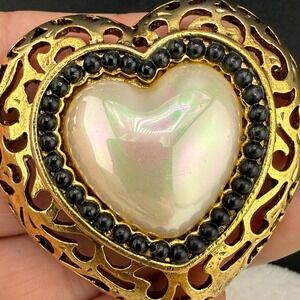 Vintage Craft Heart Brooch Gold Tone Faux Pearl Cabochon Signed Filigree